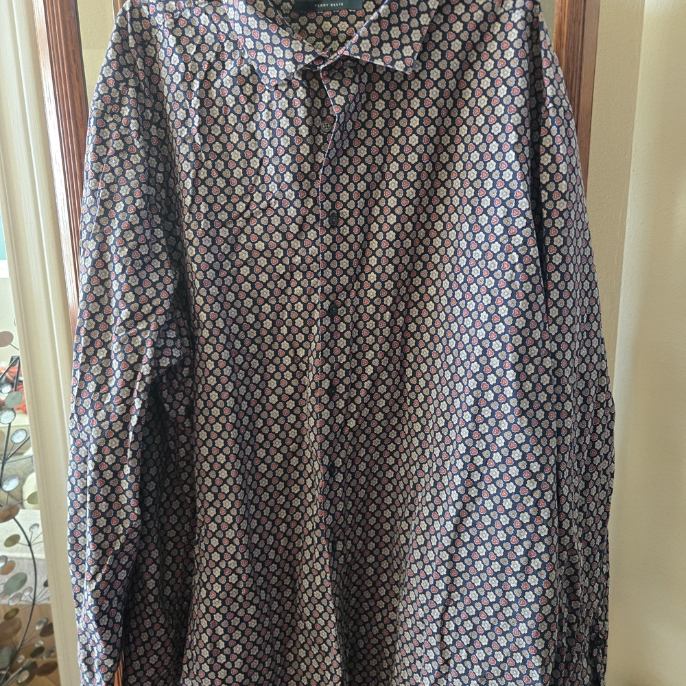Perry Ellis Navy Button-Down Shirt with Pink Geo Print